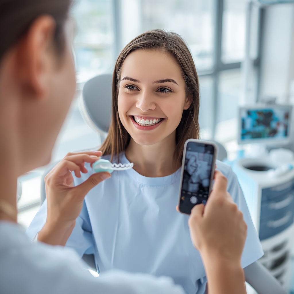 A_smiling_orthodontist_holding_a_clear_aligner_while_filming