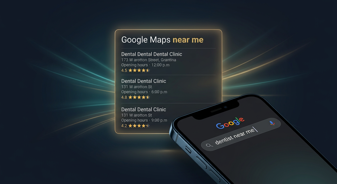 Dental SEO near me — Google Local Pack showing dental clinic results on a smartphone screen