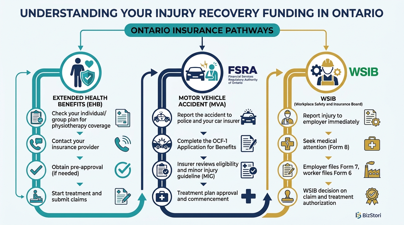 Ontario physiotherapy insurance pathways — MVA, WSIB, and extended health benefits explained