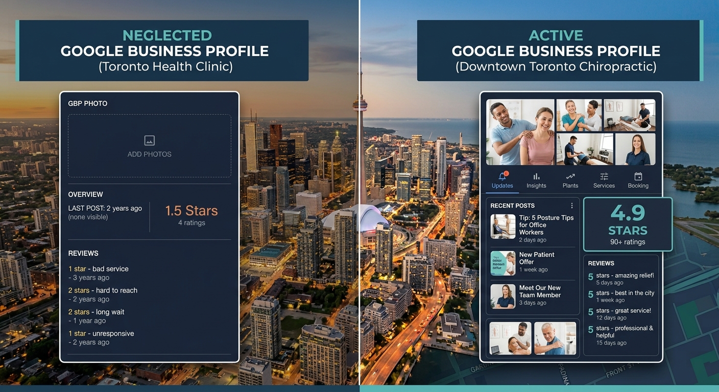 Unmanaged vs active Google Business Profile for a Toronto chiropractic clinic